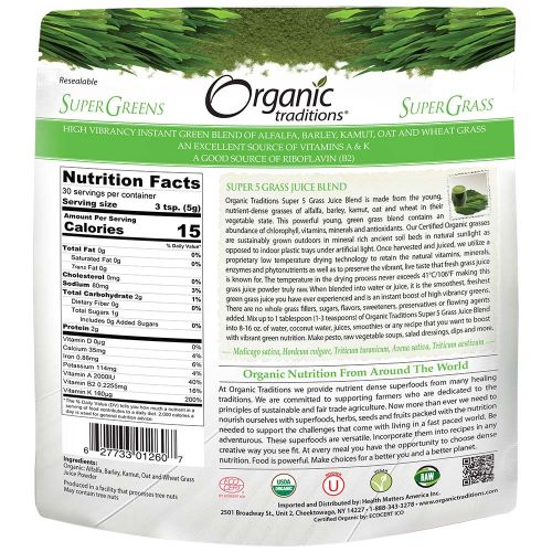 Hỗn hợp 5 loại cỏ non hữu cơ Organic Traditions Super 5 Grass Juice Blend - Ảnh 2