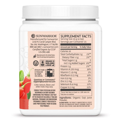Bột nước ép kỳ tử hữu cơ Sunwarrior Organic Goji Berry Juice Powder - Ảnh 2