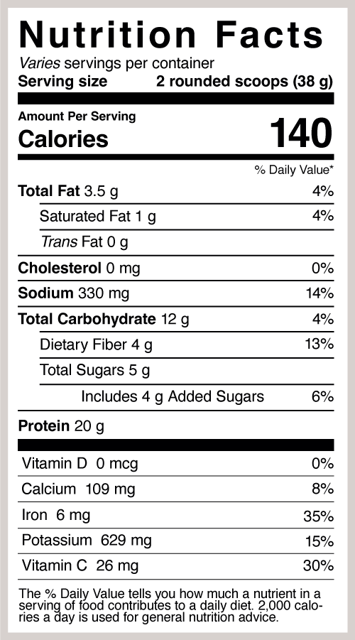 Bảng thông tin dinh dưỡng protein chocolate maca Sprout Living