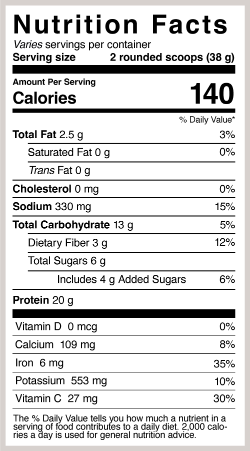 Bảng thông tin dinh dưỡng protein vani lucuma Sprout Living