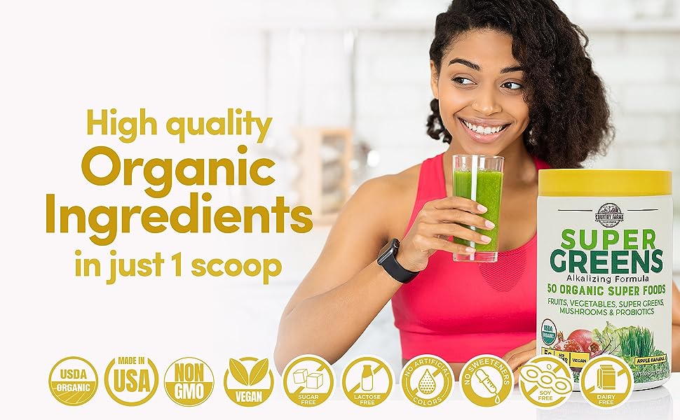 Hỗn hợp 50 siêu thực phẩm hữu cơ Country Farms Super Greens vị táo chuối 9