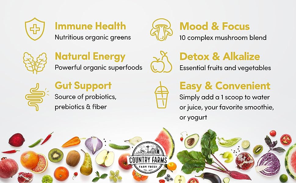 Hỗn hợp 50 siêu thực phẩm hữu cơ Country Farms Super Greens vị táo chuối 10