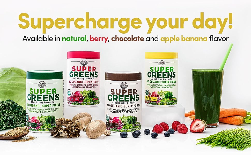 Hỗn hợp 50 siêu thực phẩm hữu cơ Country Farms Super Greens vị táo chuối 11