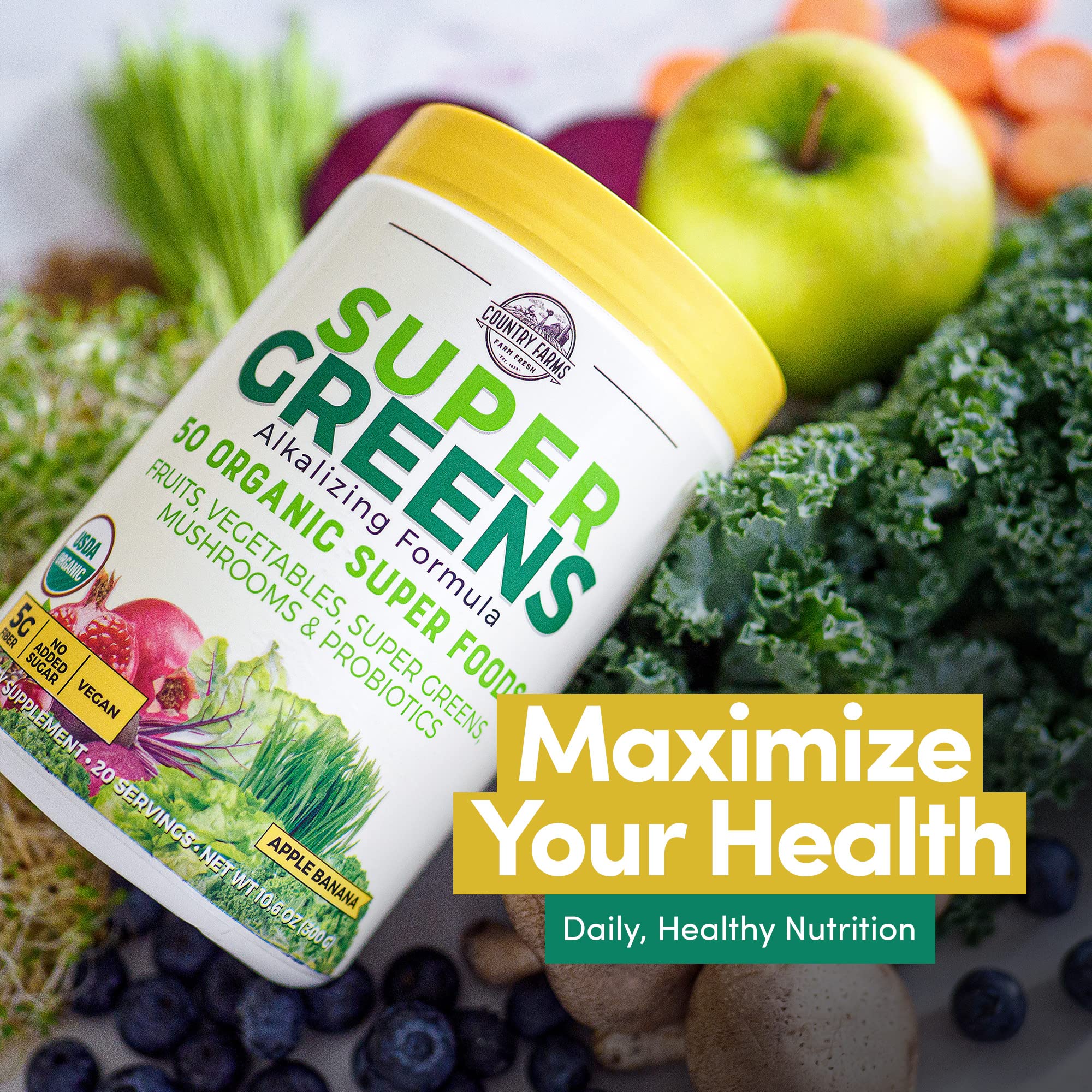 Hỗn hợp 50 siêu thực phẩm hữu cơ Country Farms Super Greens vị táo chuối