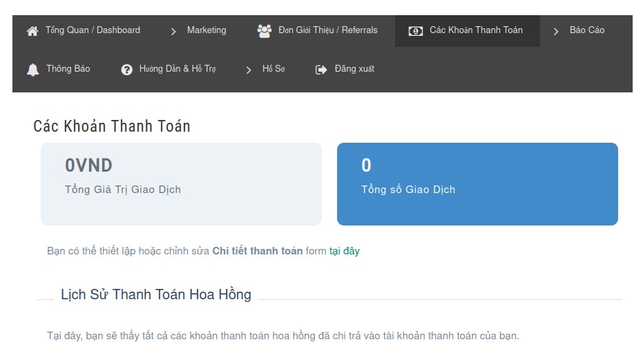 Ảnh chụp màn hình "Lịch Sử Thanh Toán Hoa Hồng"