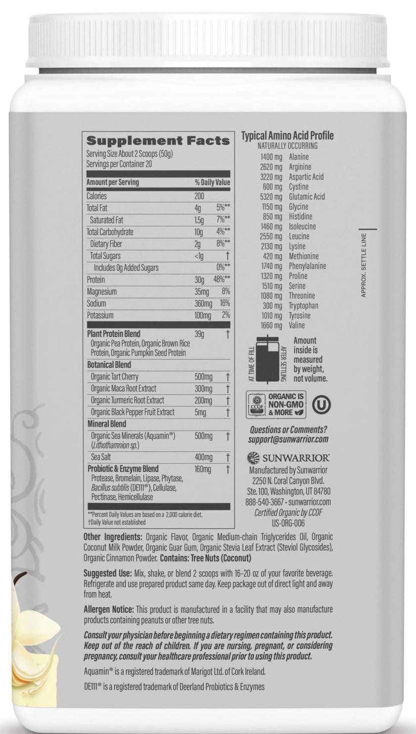 Thành phần & bảng thông tin dinh dưỡng Sunwarrior Active Protein vị Vani
